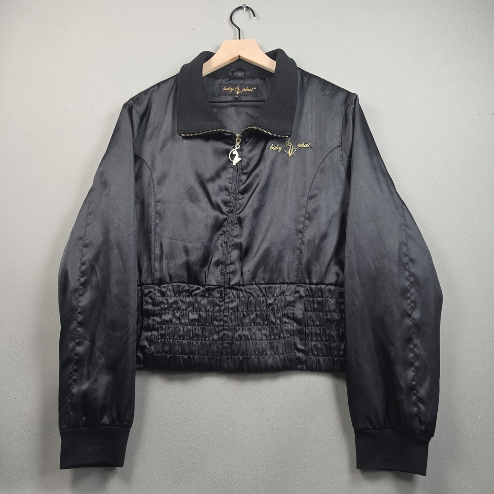 Baby Phat Vintage Y2K Cropped Satin Bomber Jacket Women's XL Black Gold Cat Logo
